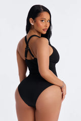Fits Like A Glove Ribbed 1 Piece Plunge Neck Swimsuit - Black