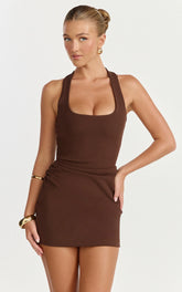 Lucinda Mini Dress - Scoop Neck Ruched Bodycon Dress in Chocolate