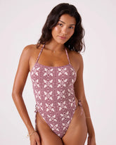 Batik Bloom Tie Front One Piece Swimsuit