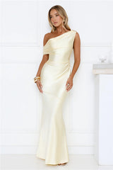 She’s A Dream Satin Off Shoulder Maxi Dress Yellow