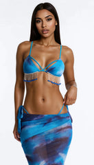 Teardrops In The Sea Beaded Chain 3 Piece Mesh Bikini Set - Blue/combo