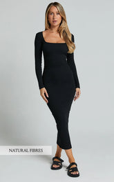 Lucy Midi Dress - Ribbed Side Ruched Bodycon Dress in Black