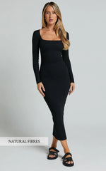 Lucy Midi Dress - Ribbed Side Ruched Bodycon Dress in Black
