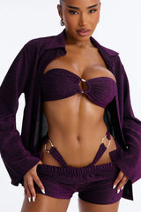 Shine On Me 4 Piece Metallic Bandeau Bikini & Cover Up Shirt & Short Sunsuit - Purple