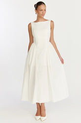 Casina Midi Dress - Boat Neck Tie Back Fit And Flare Dress in Off White