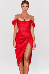red satin off shoulder dress