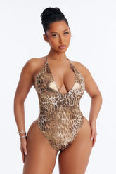 Chasing Sunsets Leopard Metallic Back Tie 1 Piece Swimsuit - Brown/combo