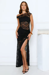 Sultry Spin Lace Off Shoulder Maxi Dress Black