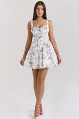 white floral ribbon print cotton mini dress