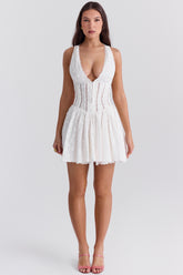 white cotton broderie anglais plunge mini dress