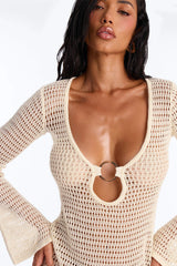 Clare Textured Long Sleeve O-Ring Swim Cover Up Dress - Cream