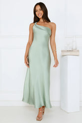 Romantic Tales Satin One Shoulder Maxi Dress Sage