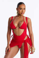Angie 3 Piece Tied Triangle Bikini Waist Suit & Micro Mini Skirt Sunsuit - Red