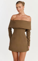 Marigold Mini Dress - Off Shoulder Long Sleeve Dress in Mocha