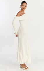 Elaine Midi Dress - Knit Off Shoulder Asymmetric Panel Dress in Cream