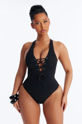 Clear Water Textured Lace Up V-Neck 1 Piece Swimsuit - Black