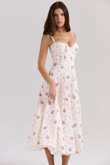 white stretch cotton rose print midi sundress