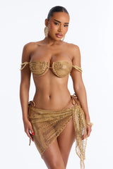 Goddess Of The Sea Fishnet Beaded 3 Piece Bandeau Bikini Set - Gold
