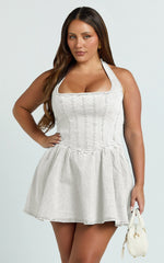 Hayes Mini Dress - Halter Neck Corset Bodice Dress in Cream Contrast Stitch