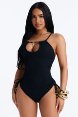 At The Pier Ruching Keyhole Halter 1 Piece Swimsuit - Black
