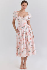 peach floral cotton puff sleeve midi dress