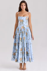 blue vintage rose print cotton midi sundress