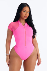 Surfin Life's Wave 1 Piece Zip Up Short Sleeve Swimsuit - Bubblegum Pink