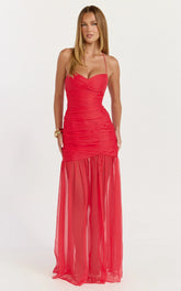 Jett Maxi Dress - Halter Tie Ruched Bodice Side Split Dress in Red