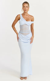 Elias Maxi Dress - Twisted One Shoulder Cowl Dropped Waist Dress in Blue