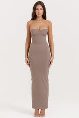 taupe strapless corset maxi dress