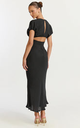 Desiree Midi Dress - V Neck Flutter Short Sleeve Slip Dress in Black