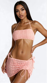 Textured Swirl 3 Piece Halter Bandeau Bikini & Mini Cover Up Skirt Sunsuit - Pink/combo