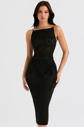 black mesh crystal embellished midi dress