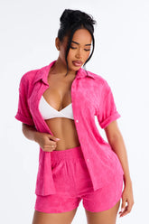 Cristal Textured Swim Cover Up Short Set - Fuchsia