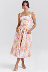 peach poppy print cotton midi sundress