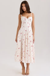 white stretch cotton rose print midi sundress