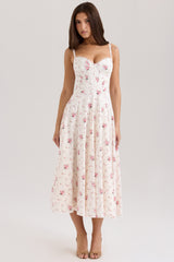 white stretch cotton rose print midi sundress