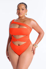 Heat Waves One Shoulder Cutout 1 Piece Swimsuit - Orange