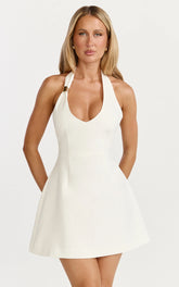 Leilani Mini Dress - Plunge Gold Hardware Fit and Flare Dress in White