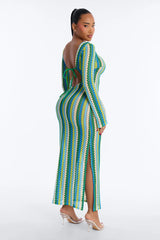 Izzy Pinstripe Flare Sleeves Maxi Swim Cover Up Dress - Green/combo