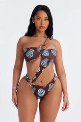 Reality Can Wait 1 Piece Tropical Asymmetrical Cut Out Swimsuit - Brown/combo