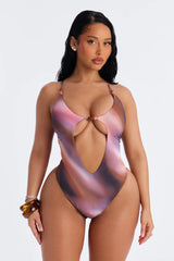 Warm Island Breeze 1 Piece Ombre Cut Out Swimsuit & Micro Mini Sarong Set - Multi Color
