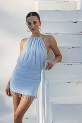Sapphire High Neck Beaded Mini Dress