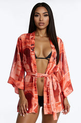 Enjoy The Waves Novelty Swim Cover Up Kimono - Orange