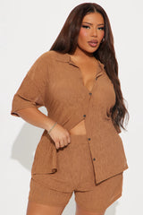 Summer Breeze Button Up Cover Up Shorts Set - Mocha