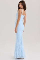 blue lace godet maxi dress