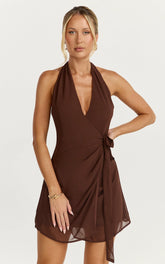 Eva Mini Dress - Plunge Halter Wrap Dress in Chocolate