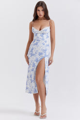 blue print corset midi dress