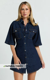 Leilani Mini Dress - Denim Short Sleeve Button Up Dress with Gold Hardware in Indigo Denim