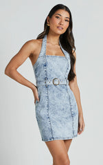 Izolda Mini Dress - Halter Neck Belted Bodycon Denim Dress in Light Blue Acid Wash